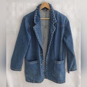 SHEPLERS Unisex Quality Western Blue Denim Blazer Strung Grommet Trim Pockets